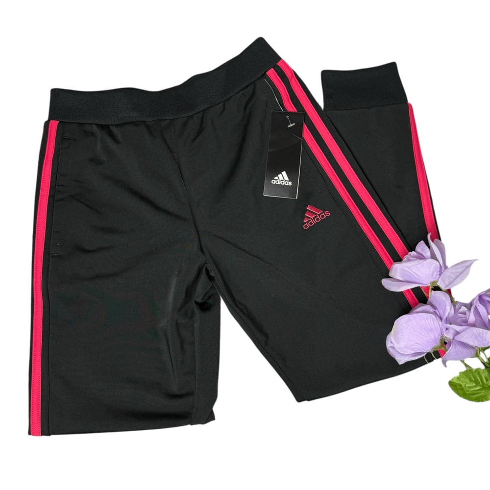 Adidas Kids Black Joggers with Pink Stripes